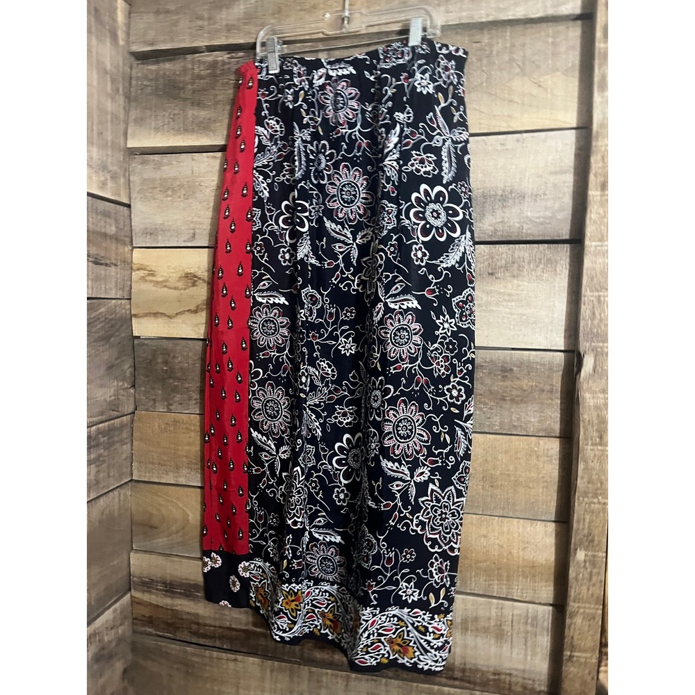 Requirements Womens Maxi Size 10 Black Red Floral Patchwork Rayon Long Skirt